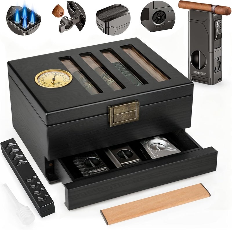 Cigar Humidor,Vintage Lock & Accessory Drawer Cedar Wood Cigar Humidor, Recessed Hygrometer Glass Top Desktop Humidor, with Humidifier,Cigar Lighter and Dropper Cigar Box